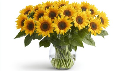 Fototapeta premium Bright yellow sunflowers in a clear vase displayed on a table for a cheerful ambiance