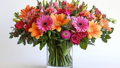 Obraz premium Colorful floral arrangement in a glass vase showcasing vibrant blooms and greenery