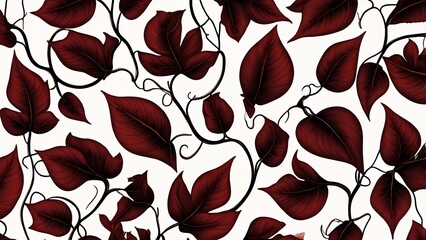 A seamless pattern of dark red leaves on black vines. The pattern is illustrated on a white background.