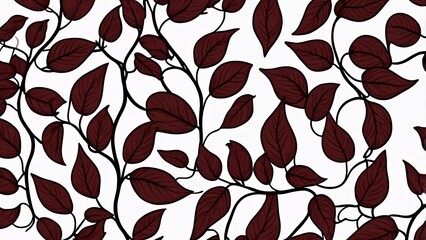 A seamless pattern of dark red leaves on black vines. The pattern is illustrated on a white background.