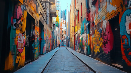 Fototapeta premium A dynamic street art mural in an urban alley, showcasing vibrant graffiti and a message of cultural expression and urban creativity