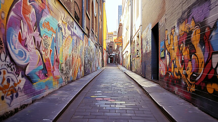 Fototapeta premium A dynamic street art mural in an urban alley, showcasing vibrant graffiti and a message of cultural expression and urban creativity