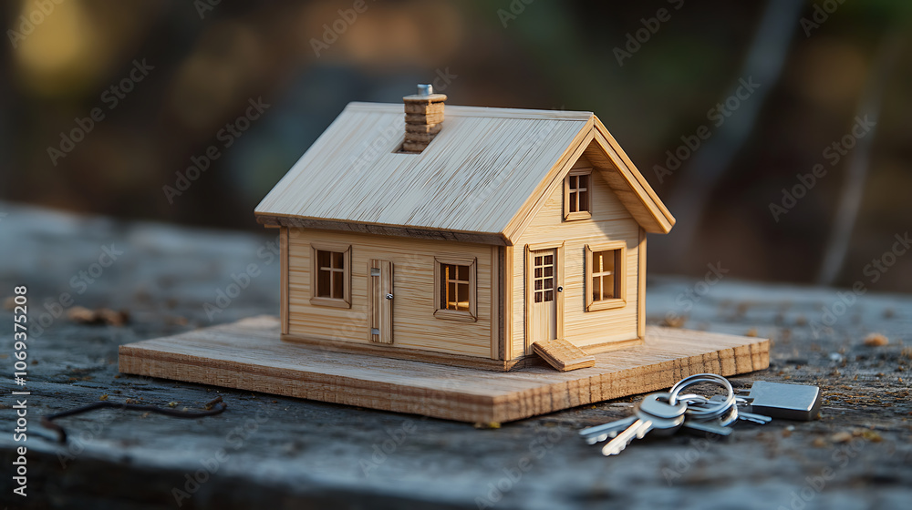 Aufkleber a miniature model of a cozy tiny house with a set of silver keys placed beside it, symbolizing the c