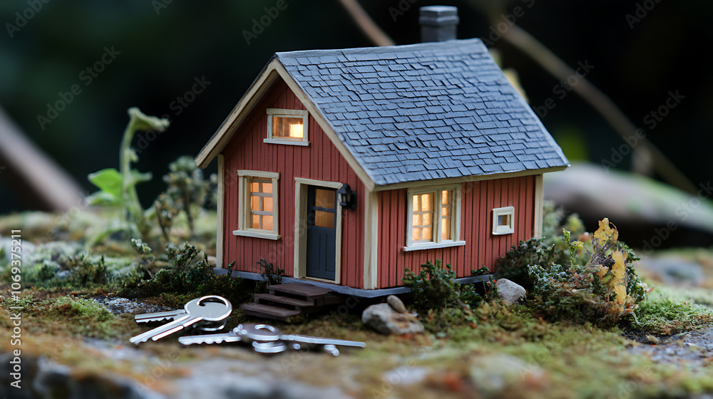 Poster a miniature model of a cozy tiny house with a set of silver keys placed beside it, symbolizing the c