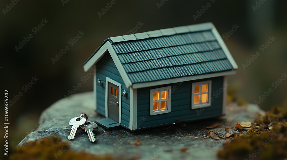 Aufkleber a miniature model of a cozy tiny house with a set of silver keys placed beside it, symbolizing the c