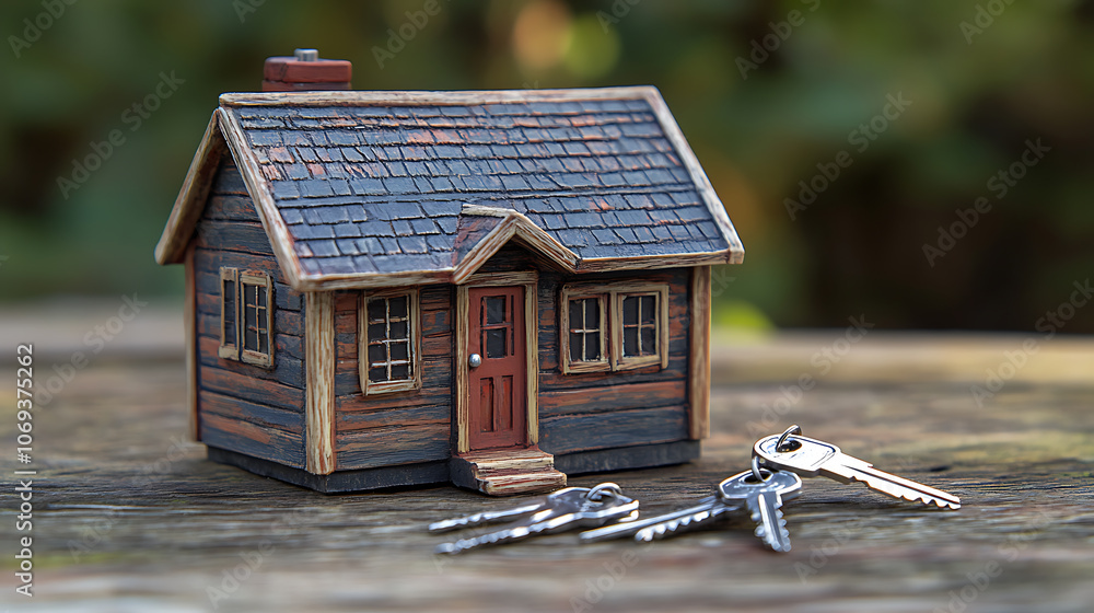 Aufkleber a miniature model of a cozy tiny house with a set of silver keys placed beside it, symbolizing the c