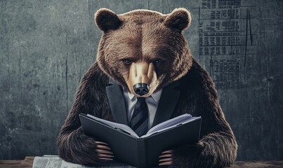 A unique financial consultant with bear head is reading detailed report, showcasing blend of professionalism and whimsy.