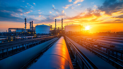 Fototapeta premium A vast industrial complex with a massive LNG storage tank designed for holding liquified natural gas at low temperatures, showcasing modern energy infrastructure