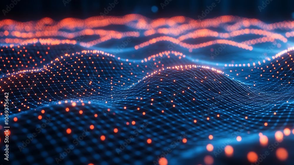 Poster Abstract red polygon tech network with connect technology background, Abstract dots and lines texture background, 3d rendering