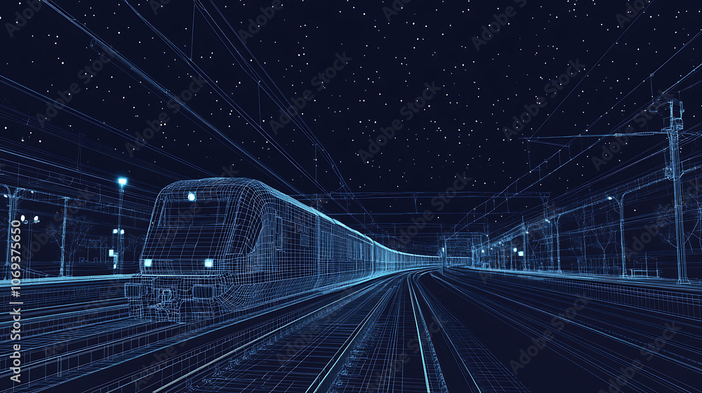 Leinwandbilder abstract polygonal 3d wireframe of modern train at railway station or metro, digital vector mesh loo