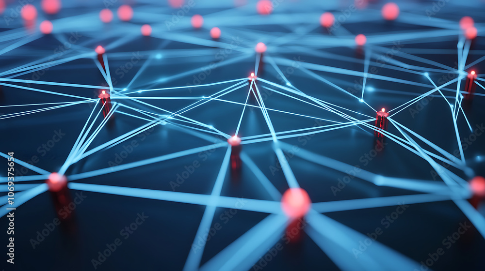 Leinwandbilder Abstract red polygon tech network with connect technology background, Abstract dots and lines texture background, 3d rendering