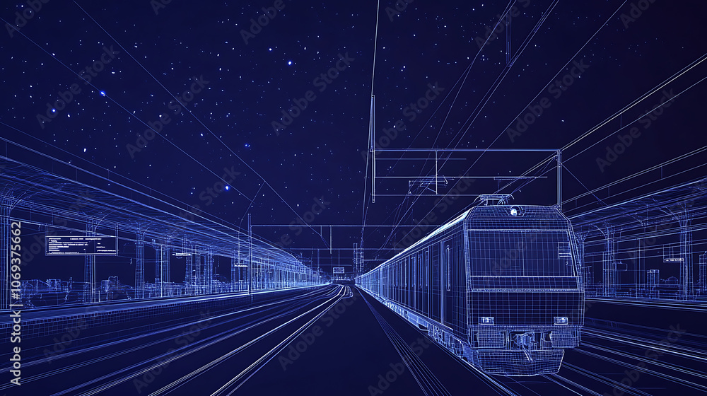 Poster abstract polygonal 3d wireframe of modern train at railway station or metro, digital vector mesh loo