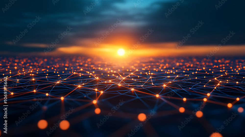 Poster Abstract red polygon tech network with connect technology background, Abstract dots and lines texture background, 3d rendering