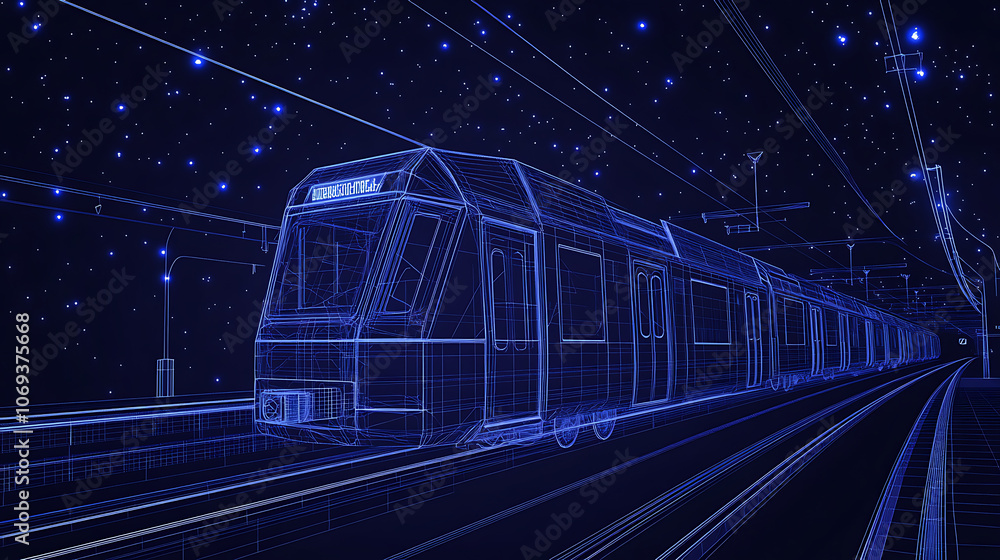 Poster abstract polygonal 3d wireframe of modern train at railway station or metro, digital vector mesh loo