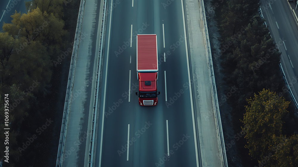 Fototapete aerial view of autonomous truck driving on autopilot on a highway with traffic sensors scanning surr