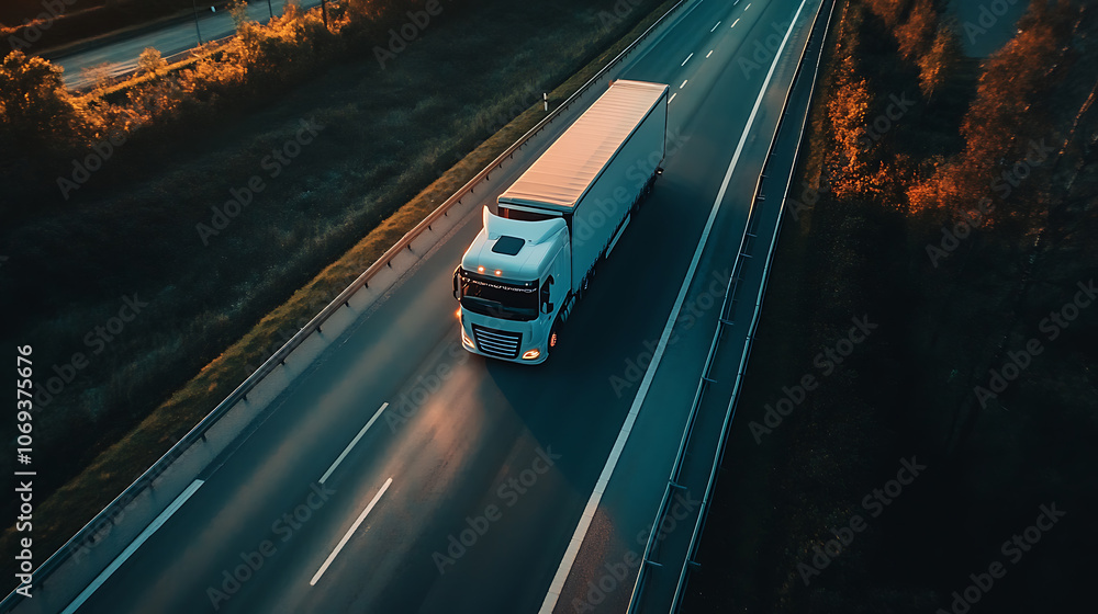 Poster Aerial view of autonomous truck driving on autopilot on a highway with traffic sensors scanning surroundings, Cargo delivery, transportation of the future, Artificial intelligence, Self driving