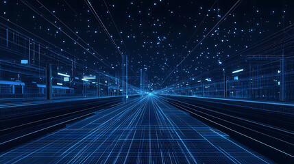 Abstract polygonal 3d wireframe of modern train at railway station or metro, Digital vector mesh looks like starry sky, Rapid transit system, transportation, railway logistics concept in dark blue