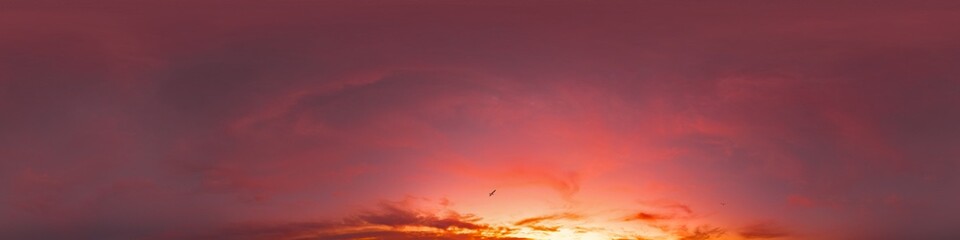 Dark sunset sky with glowing pink Cirrus clouds. Seamless spherical HDR 360 panorama. Full zenith or sky dome in 3D, sky replacement for aerial drone panoramas. Climate and weather change.