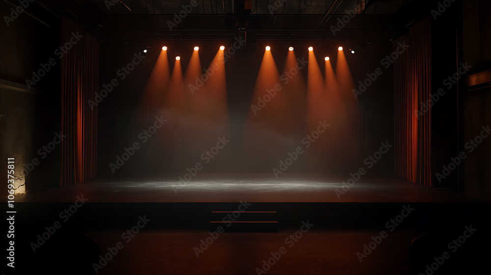 Fototapete An atmospheric empty stage set on a dark floor, illuminated by vibrant stage lights strategically placed around the perimeter, creating an inviting space for a performance or event