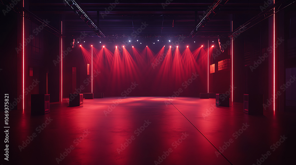 Fototapete An atmospheric empty stage set on a dark floor, illuminated by vibrant stage lights strategically placed around the perimeter, creating an inviting space for a performance or event