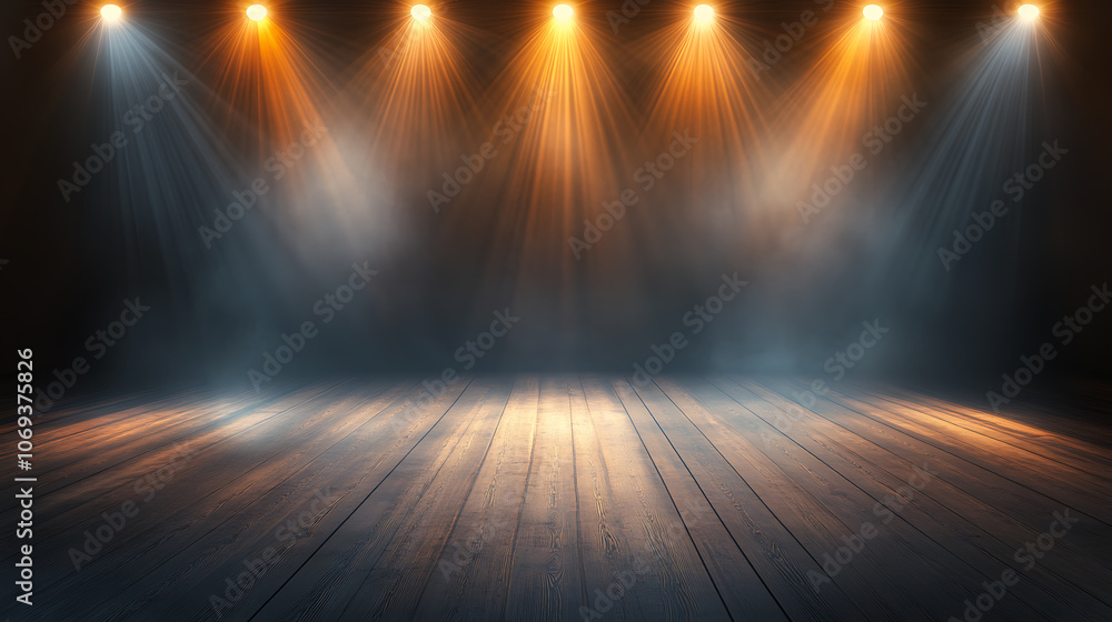 Leinwandbilder an atmospheric empty stage set on a dark floor, illuminated by vibrant stage lights strategically pl