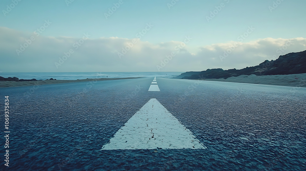 Aufkleber an asphalt road stretches into the distance with a painted white arrow pointing forward, symbolizing
