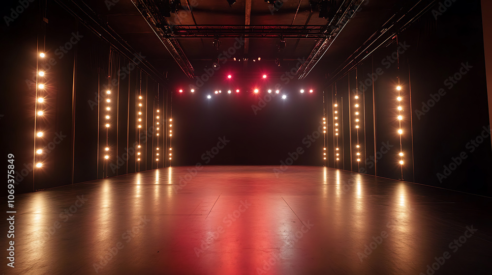 Fototapete An atmospheric empty stage set on a dark floor, illuminated by vibrant stage lights strategically placed around the perimeter, creating an inviting space for a performance or event
