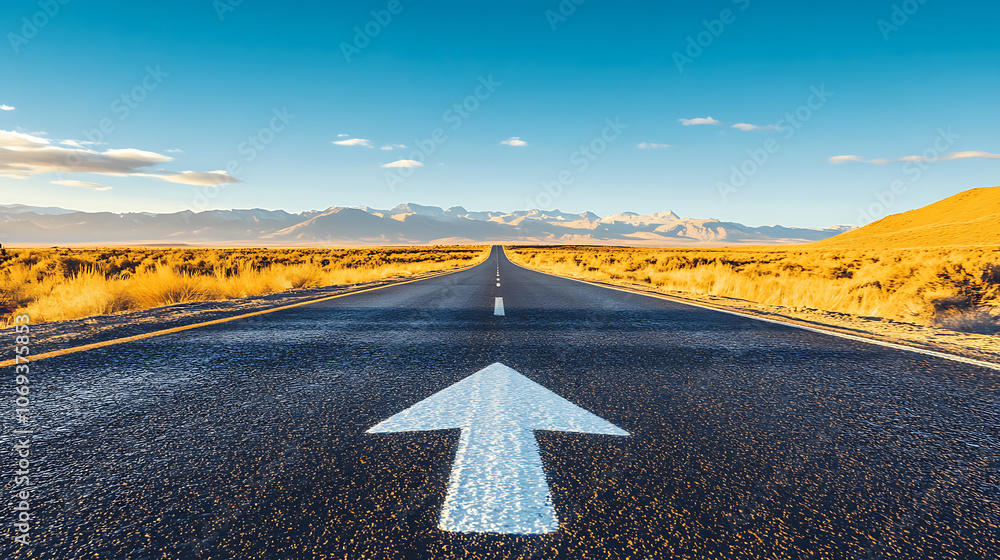 Poster an asphalt road stretches into the distance with a painted white arrow pointing forward, symbolizing