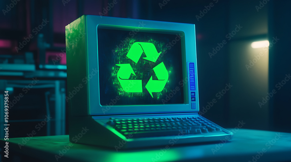 Leinwandbilder an electronic waste concept featuring a desktop computer adorned with a bright green recycle symbol,