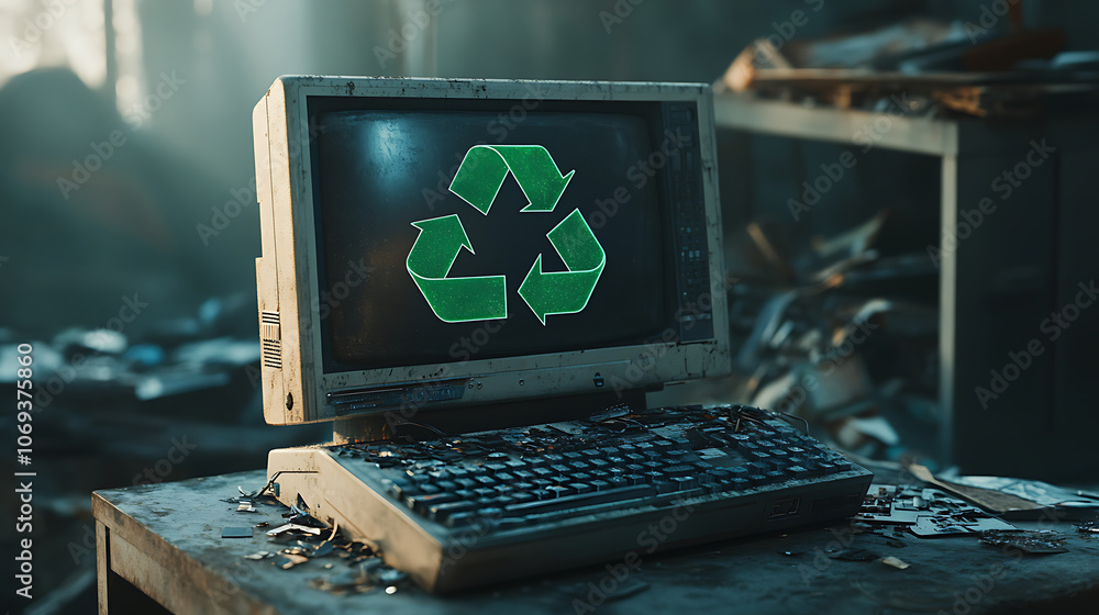 Aufkleber an electronic waste concept featuring a desktop computer adorned with a bright green recycle symbol,