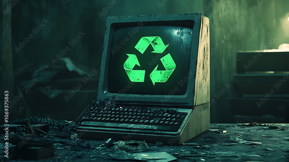 Leinwandbilder an electronic waste concept featuring a desktop computer adorned with a bright green recycle symbol,