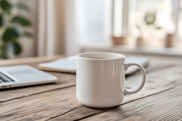 Fototapeta premium Minimalist Coffee Cup on Wooden Desk with Logo Area for Branding.Mock-up. AI Generation