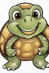 Obraz premium A happy cartoon turtle with large eyes, a big shell with simple pattern details illustration image.