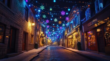 Colorful festive lights illuminating a night street during New Year celebrations, with warm and joyful atmosphere. Sparkling lights and decorations.