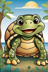 Fototapeta premium A happy cartoon turtle with large eyes, a big shell with simple pattern details illustration image.