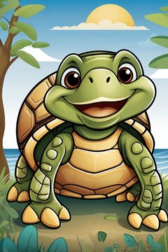 A happy cartoon turtle with large eyes, a big shell with simple pattern details illustration image.