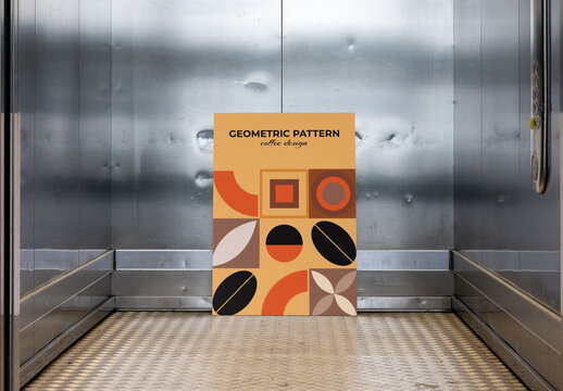 Empty Elevator With a Blank Canvas on the Floor. Front view. Costumizable PSD mockup
