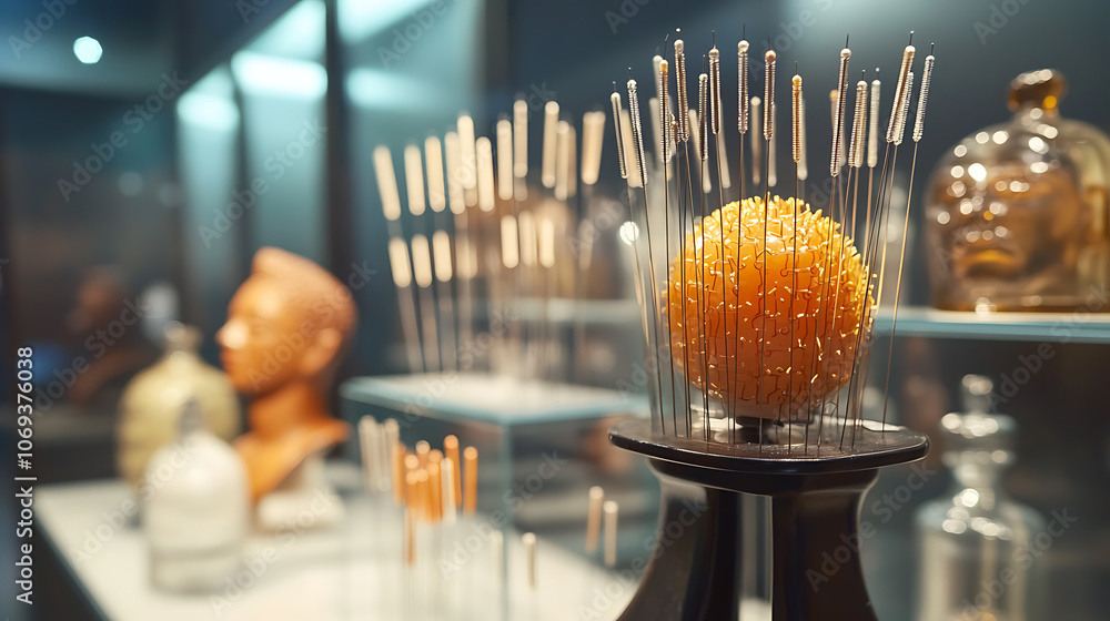 Poster An organized display of various-sized acupuncture needles on a specialized stand, ready for use in traditional Chinese medicine therapy sessions