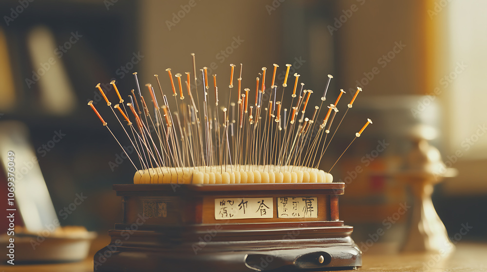 Aufkleber An organized display of various-sized acupuncture needles on a specialized stand, ready for use in traditional Chinese medicine therapy sessions