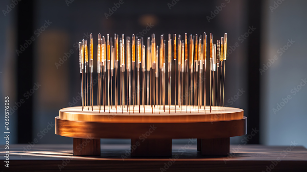 Poster An organized display of various-sized acupuncture needles on a specialized stand, ready for use in traditional Chinese medicine therapy sessions