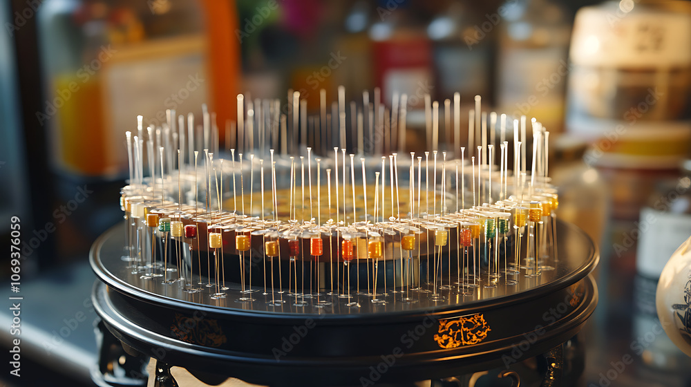 Poster An organized display of various-sized acupuncture needles on a specialized stand, ready for use in traditional Chinese medicine therapy sessions