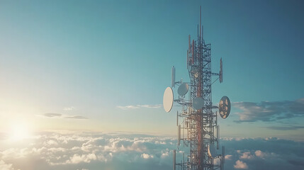 Antenna tower of telecommunication and Phone base station with TV and wireless internet antennas