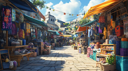 Fototapeta premium An outdoor flea market with colorful stalls and diverse merchandise, representing culture and commerce