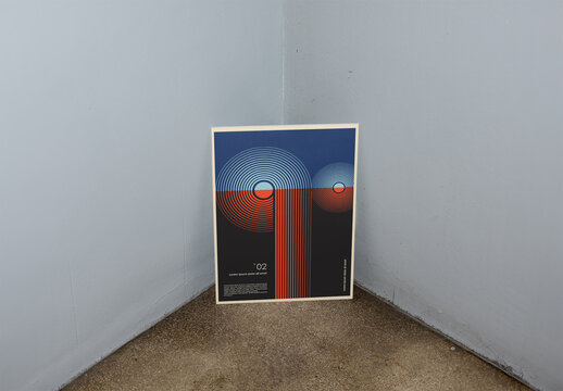 Blank poster in a Minimalist Corner Room With Neutral Gray Walls. Front view. Costumizable mockup template.