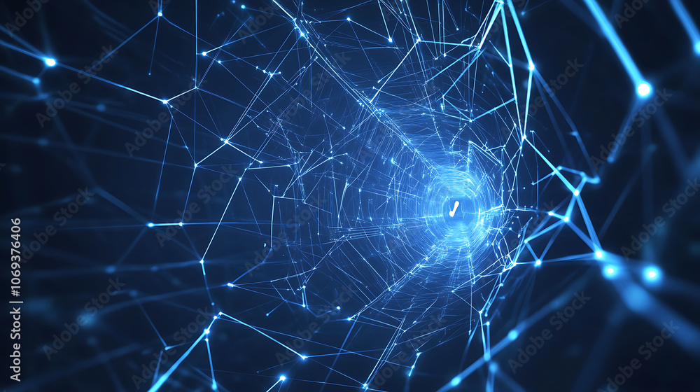 Poster cyber security concept, lock symbol from lines and triangles, point connecting network on blue backg