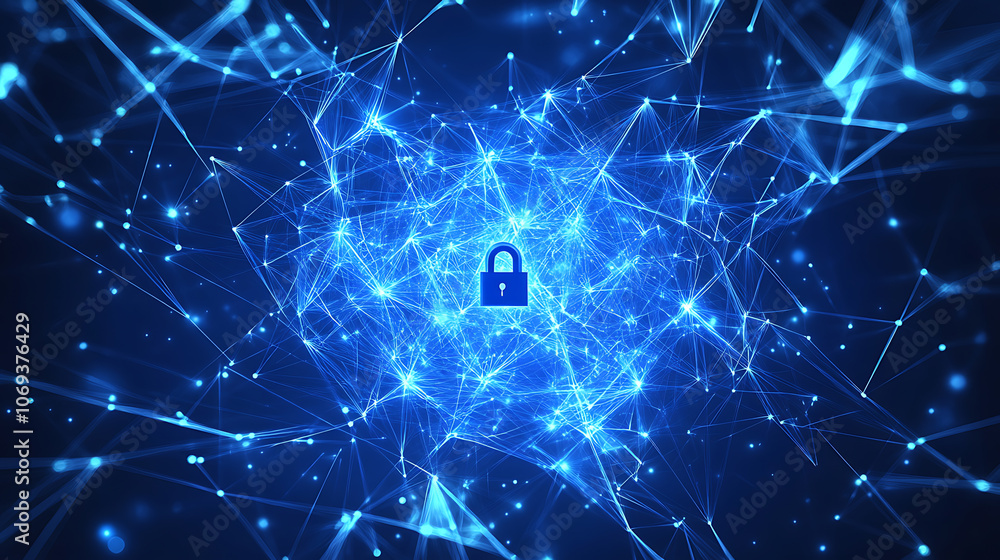 Aufkleber Cyber security concept, Lock symbol from lines and triangles, point connecting network on blue background, Illustration vector