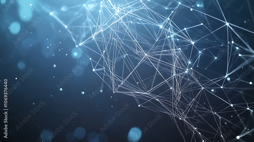 Poster cyber security concept, lock symbol from lines and triangles, point connecting network on blue backg
