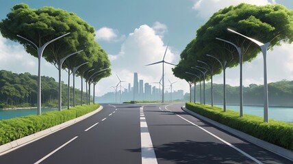 Naklejka premium A road dividing an island with LED street lights on both sides and installed on tall poles. Above the street lights, there are solar panels and small wind turbines.