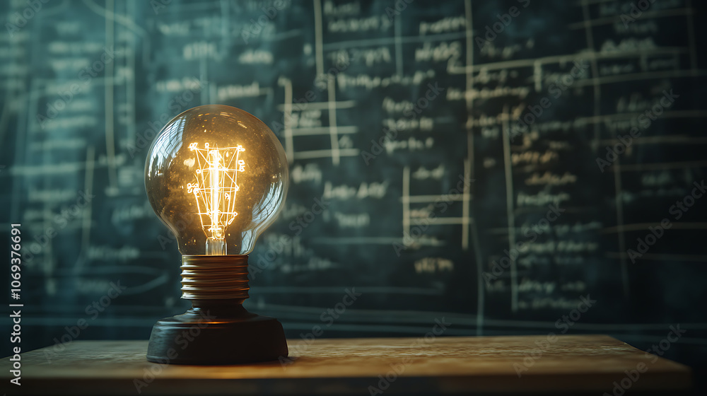 Poster glowing lamp as a symbol of scientific thought against the background of physical and mathematical f