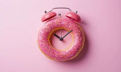 Alarm clock made of donut. Breakfast time, creative minimal concept. Fast food, sweets, sugar, diet, mealtime, break at work.